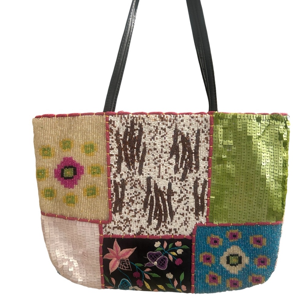 Christiana Vintage Beaded Colorful Patchwork Tote Bag Y2K